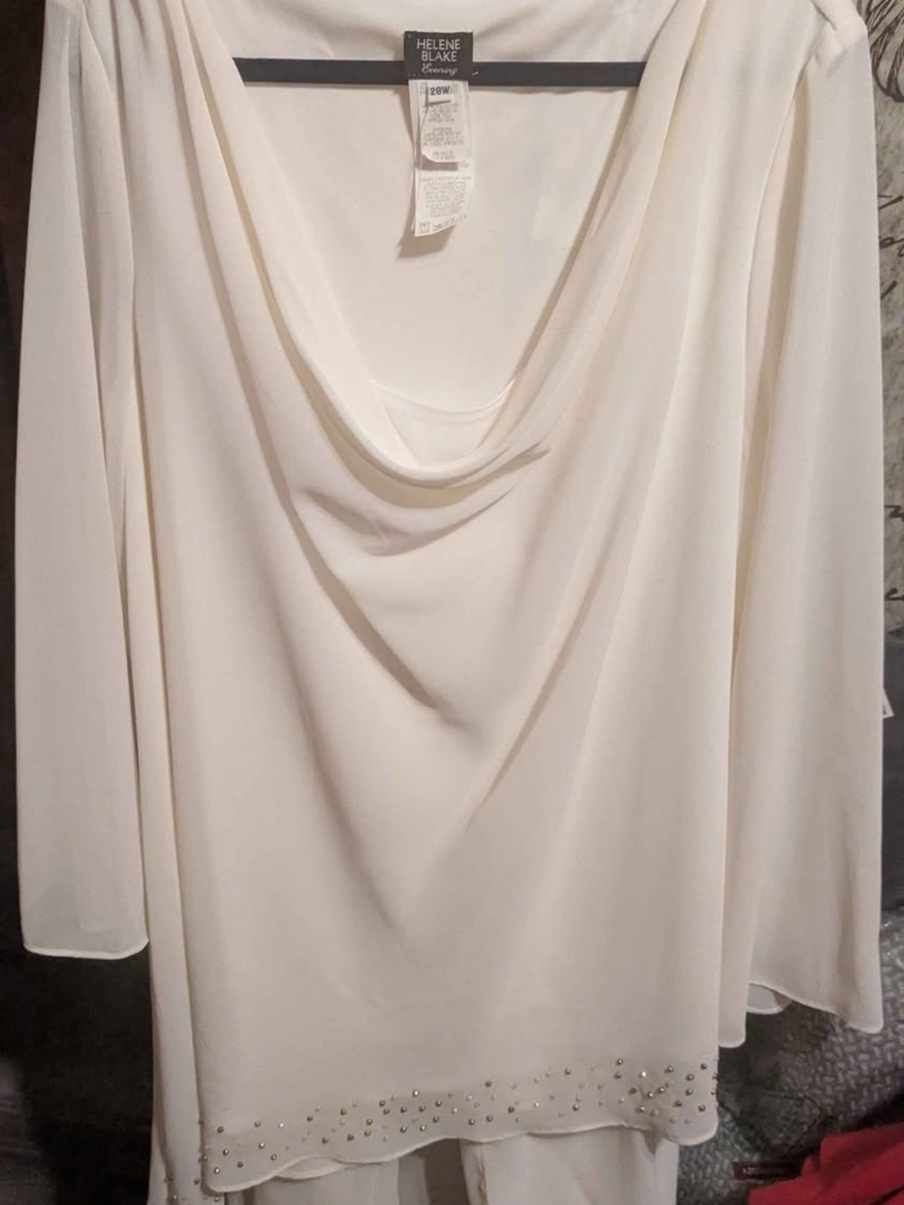 2 Piece Cream Chiffon Cowl Neck Tunic with Hem Studs And Matching Pants